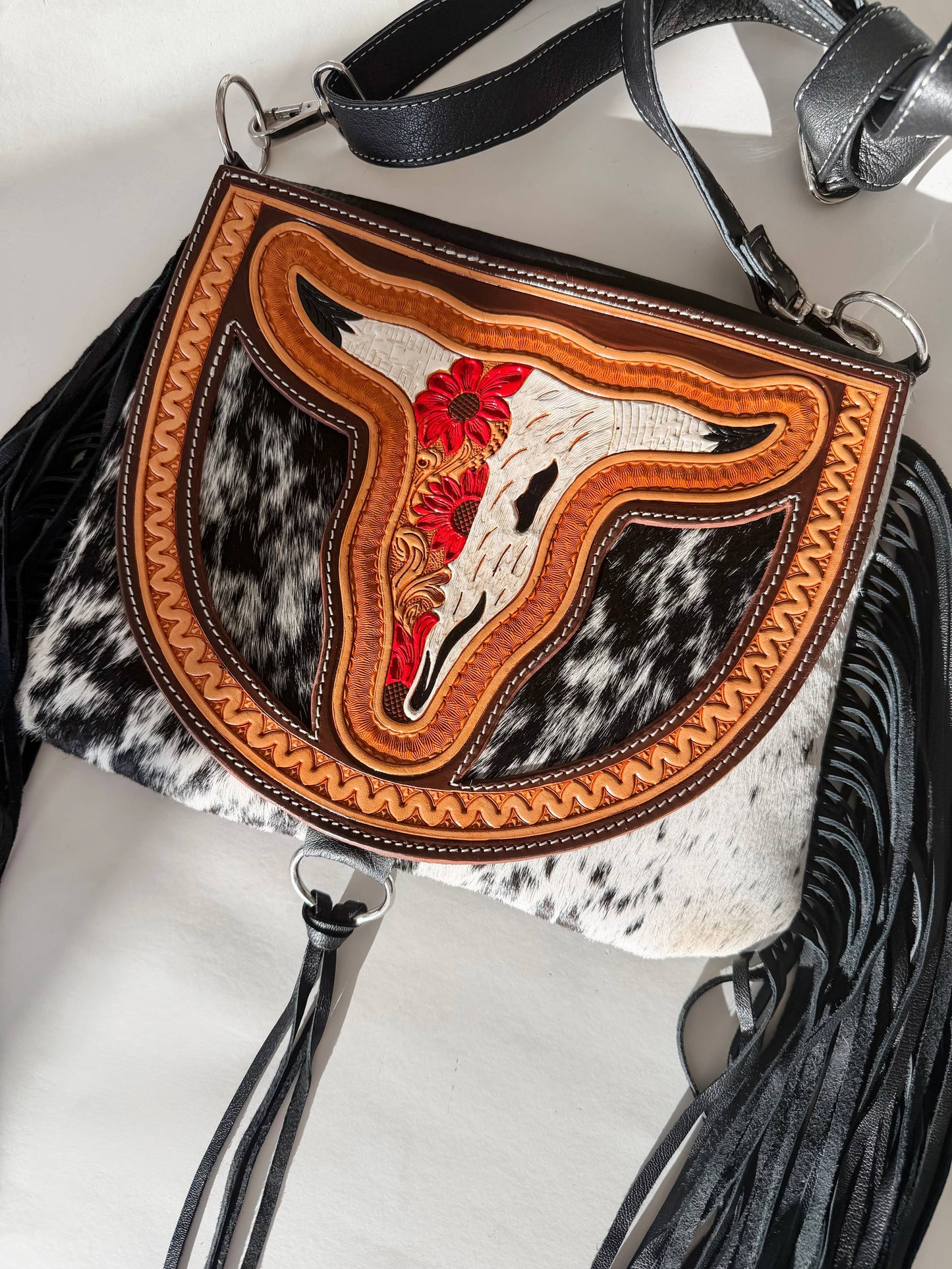 Boho Ranch Shop - THE CAROLINE CROSSBODY steer longhorn - cowhide purse bag - PINK FLOWER