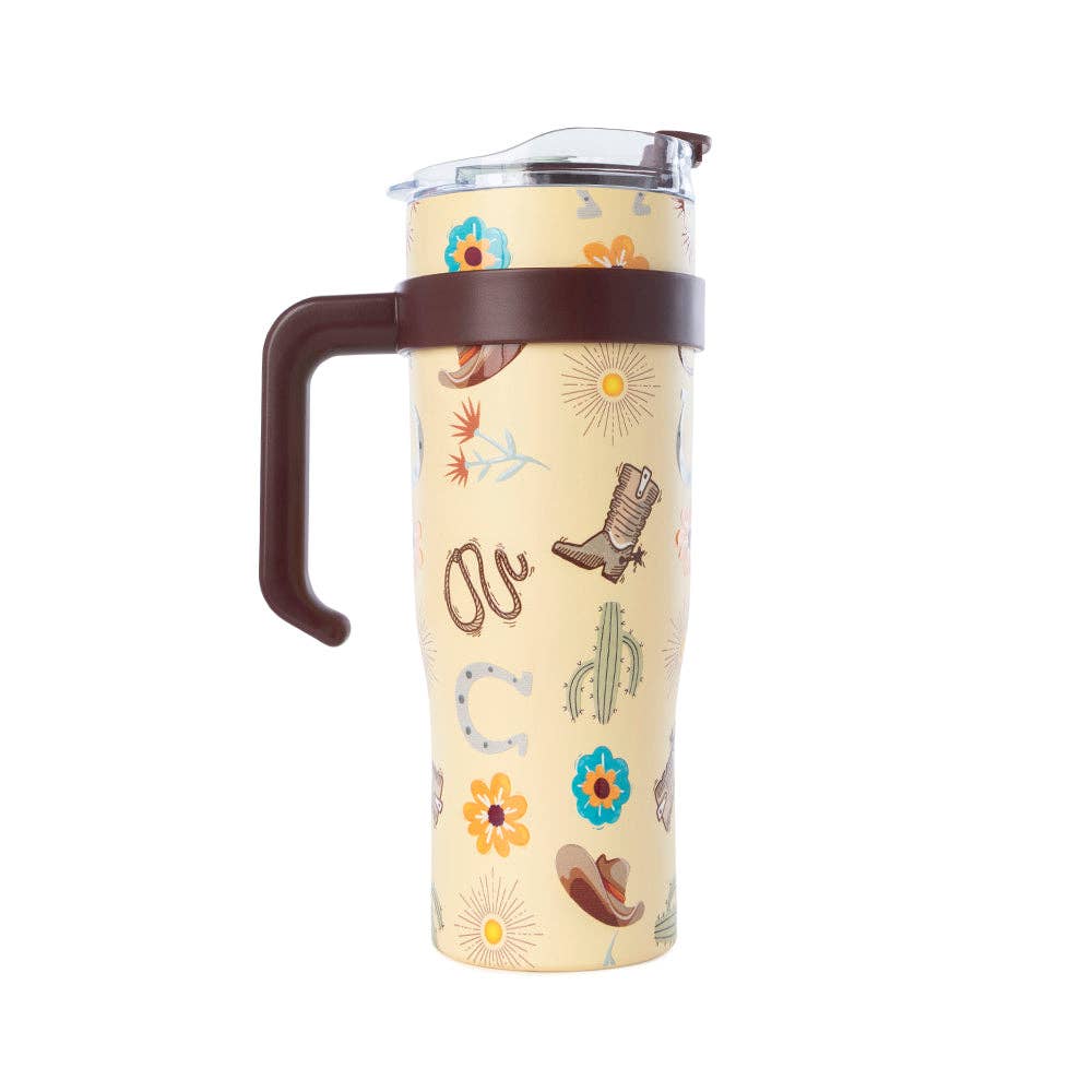 Myra Bag - Trailkissed Western Tumbler in Yellow Stainless Steel with Leather Wrap and Handle for Everyday Use - WITH TOOLING