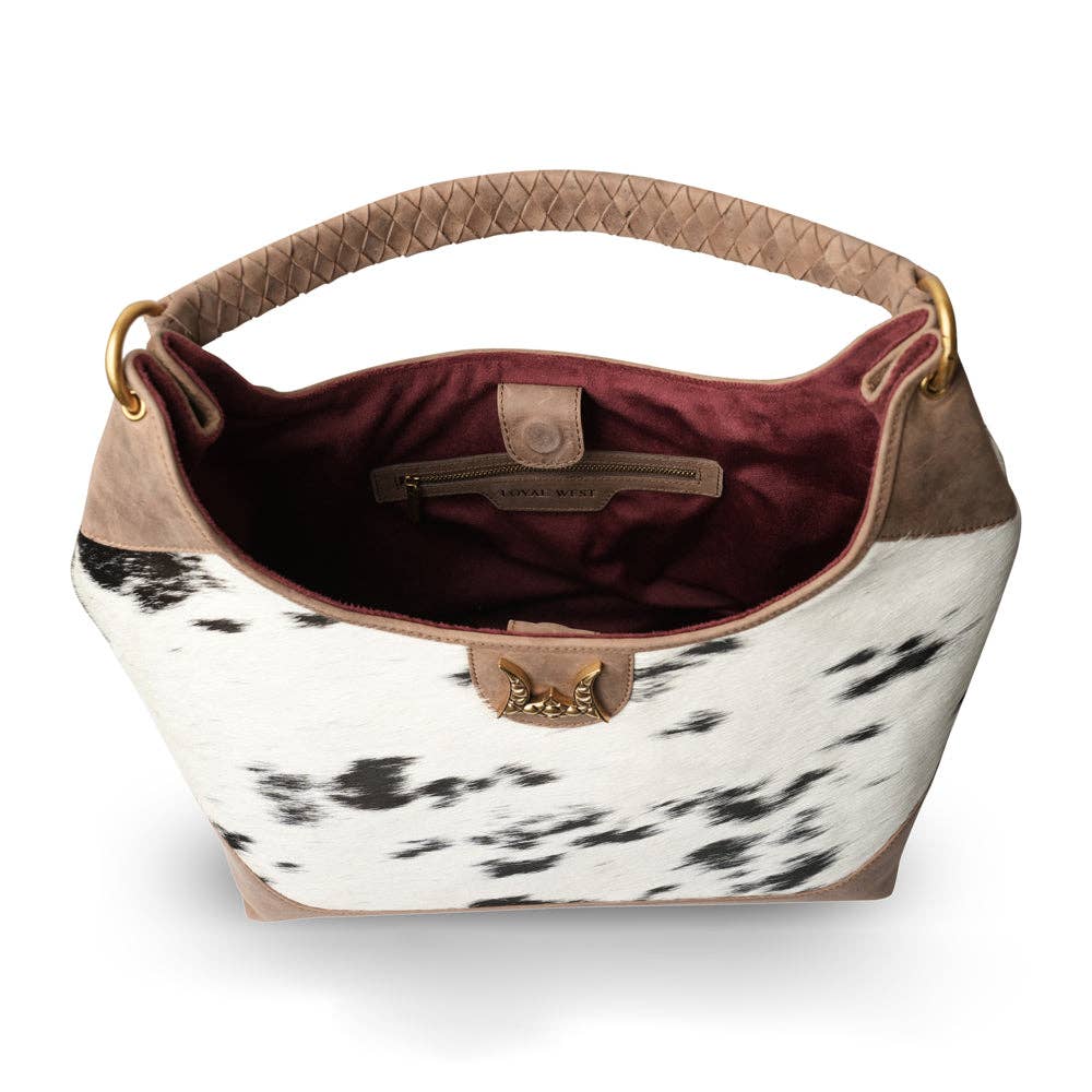 Myra Bag - LW Large Purse - Black & White Cowhide with Oiled Brown Leather - Black & White
