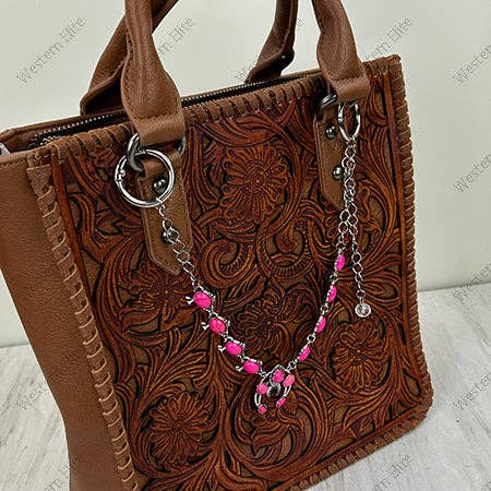 Western Elite Jewelry - PC260418-15 12'' Silver metal chain with hot pink turquoise stone squash blossom charms Purse chain