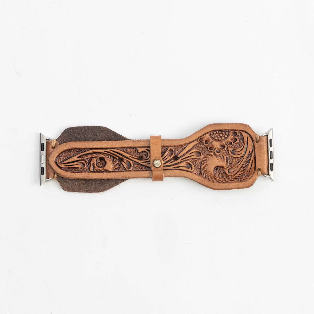 Myra Bag - Lone Star Handtooled Leather Watch Band in Antique Saddle Brown