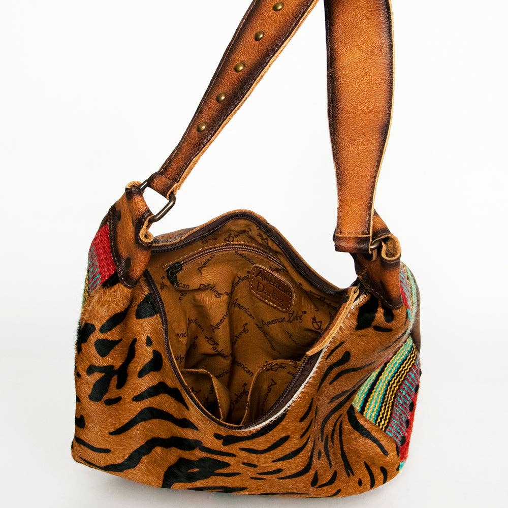 American Darling Hair-On Cowhide Hobo Bag with Handwoven Saddle Blanket Sides Western Leather - ADBG1031B