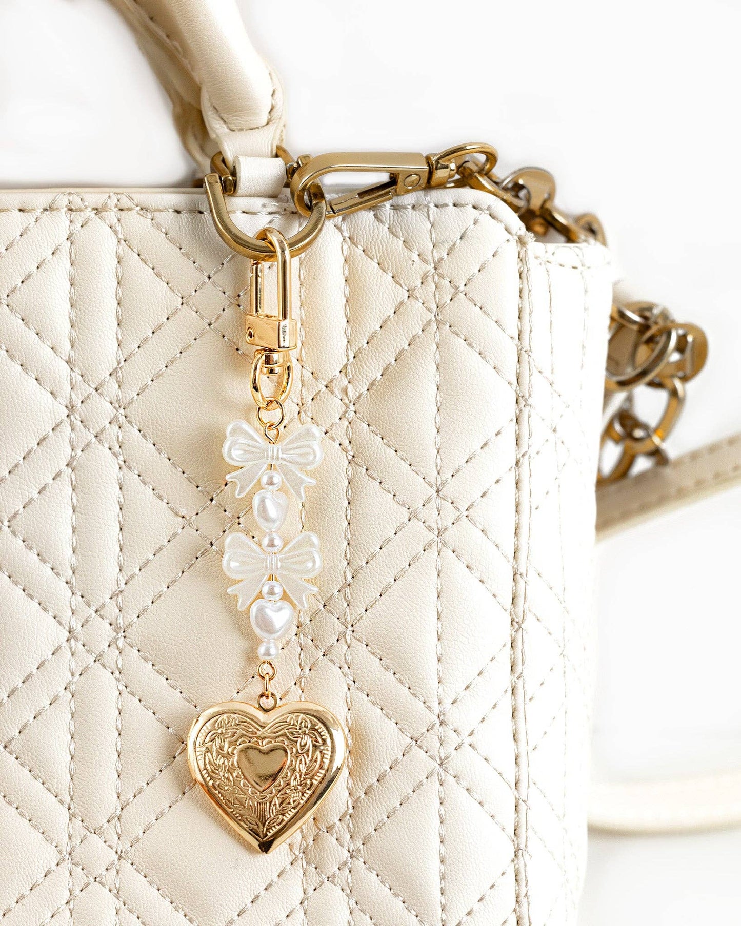 Sessori - Bow Pearl Heart Locket Bag Charm - Gold