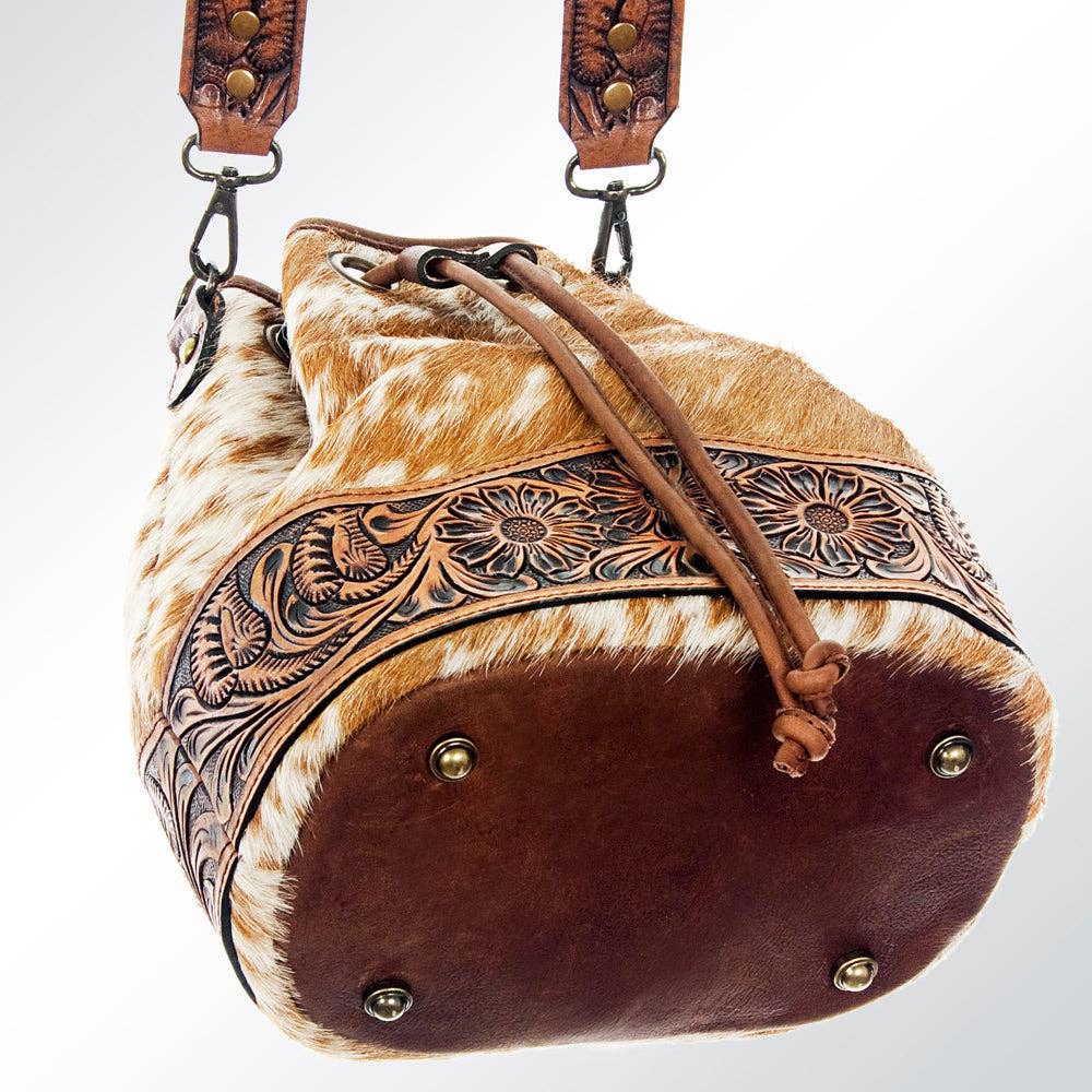 LS Western - ADBG569 American Darling Hand Tooled Floral Leather & Hair-On Cowhide Western Bucket Bag - ADBG569TAW