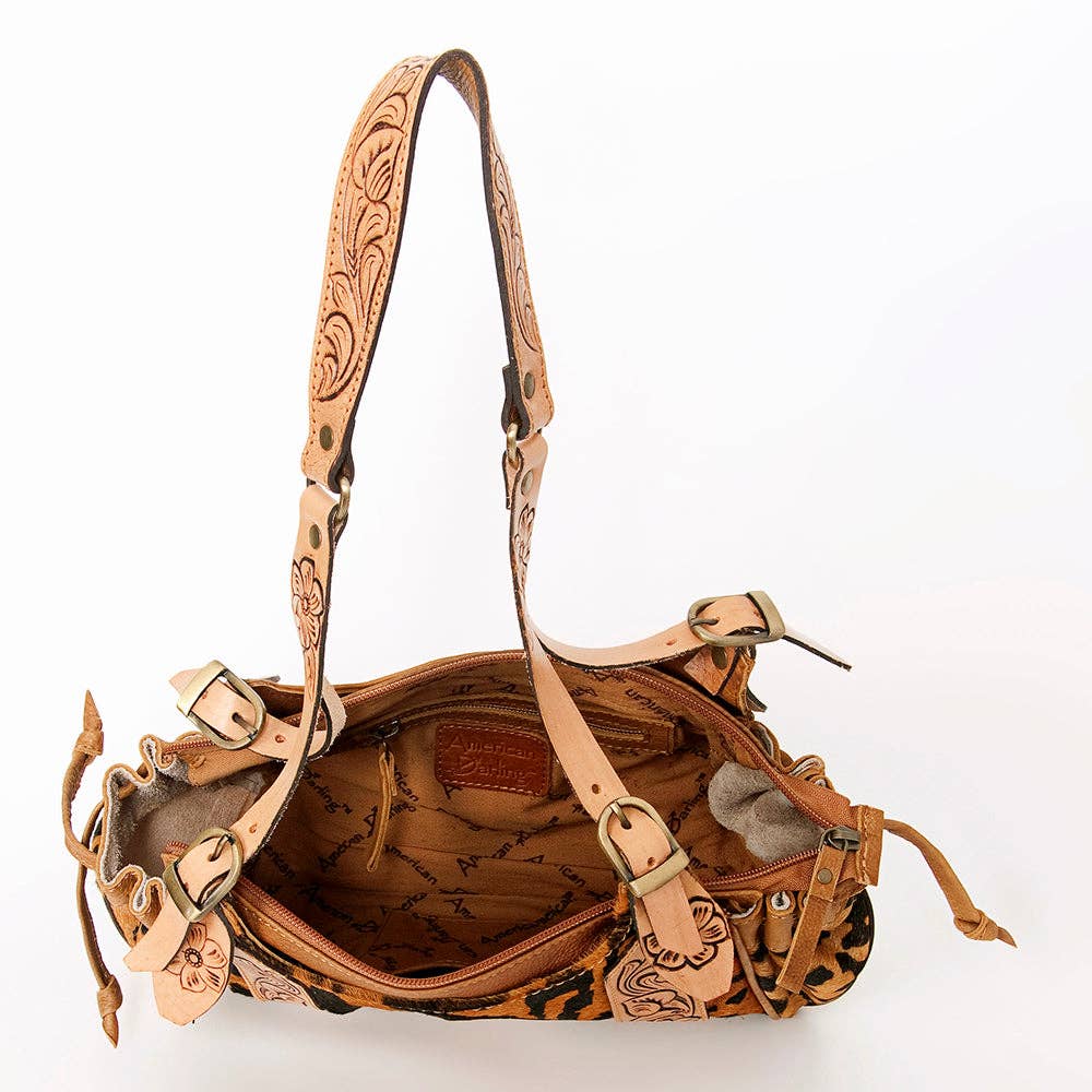 LS Western - ADBGA209 Western Floral Tooled Leather Cowhide Shoulder Handbag with Drawstring Tassel - ADBGA209B