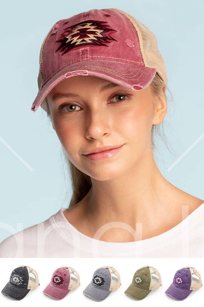 Hana - C.C Aztec Patch Embroidery Mesh Pony Cap - Black