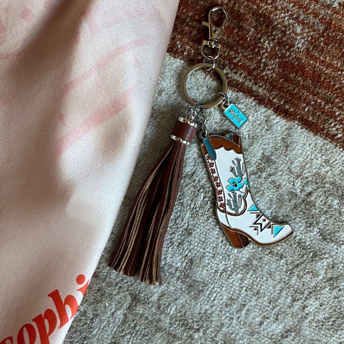 Sophisticated Country Lady - Southwest Aztec Floral Cowgirl Boots Enamel Keychain - Hanging Card