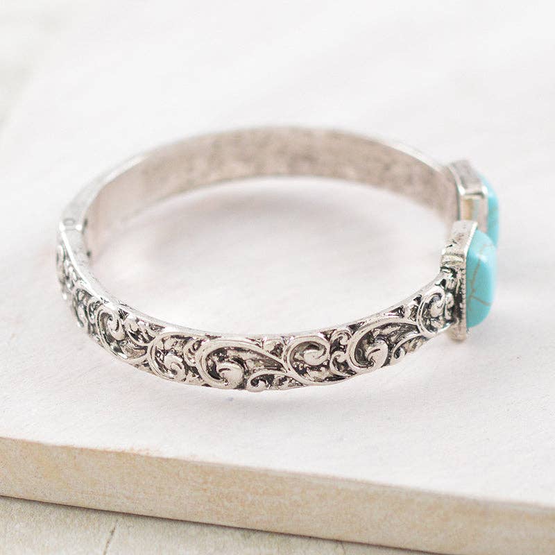 YK Trading Inc - Western Tooling Turquoise Cuff Bracelet - Turquoise/Silver