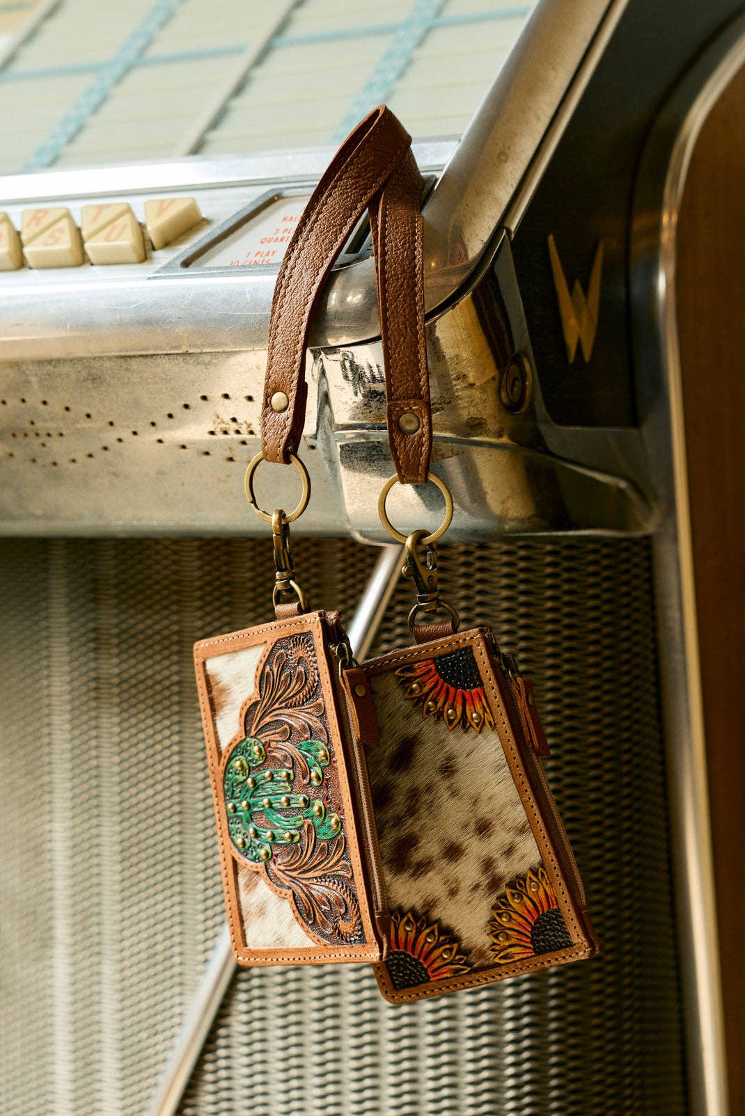 Myra Bag - Hand Hewn Western Card Holder for Women in Light Brown with handtooled detail - Brown & White