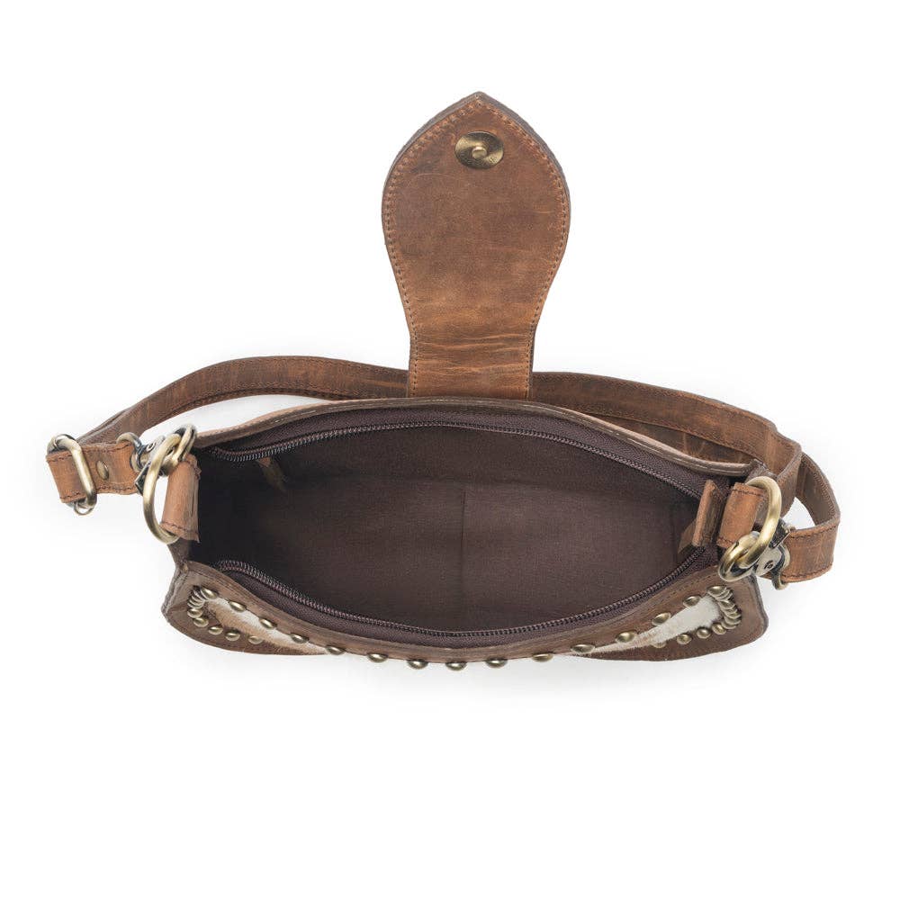 Myra Bag - Santa Fe Handtooled Bag for Women in Brown with hairon and studded detail - Brown