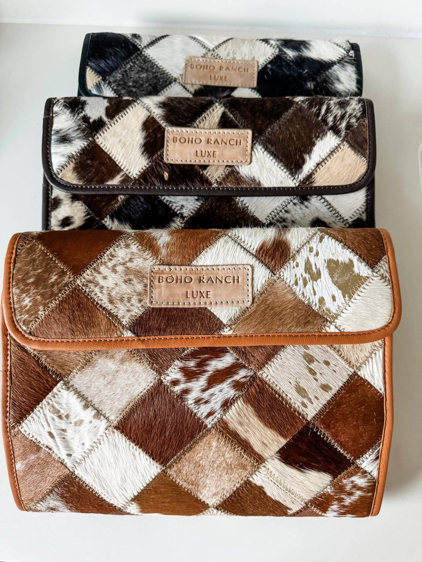 Boho Ranch Shop - BOHO LUXE FOLDABLE travel makeup jewelry bag Genuine Cowhide - BROWN + WHITE