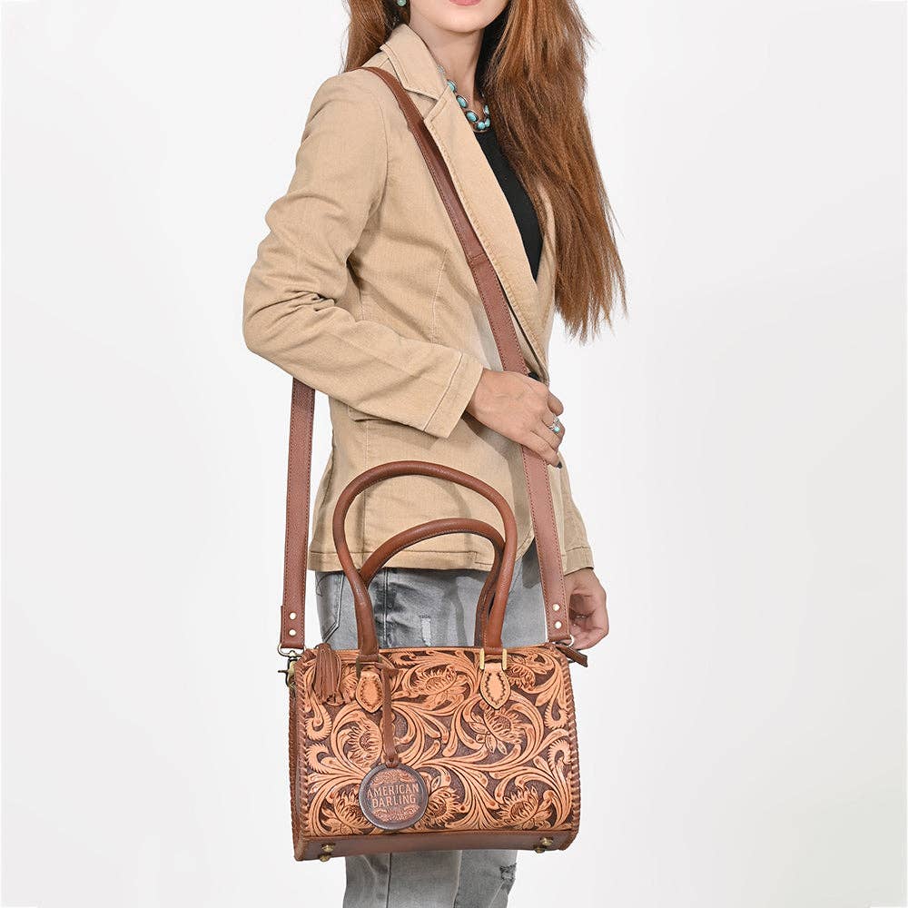 American Darling Hand-Tooled Leather Speedy Bag Classic Western Floral Design - ADBGA1044