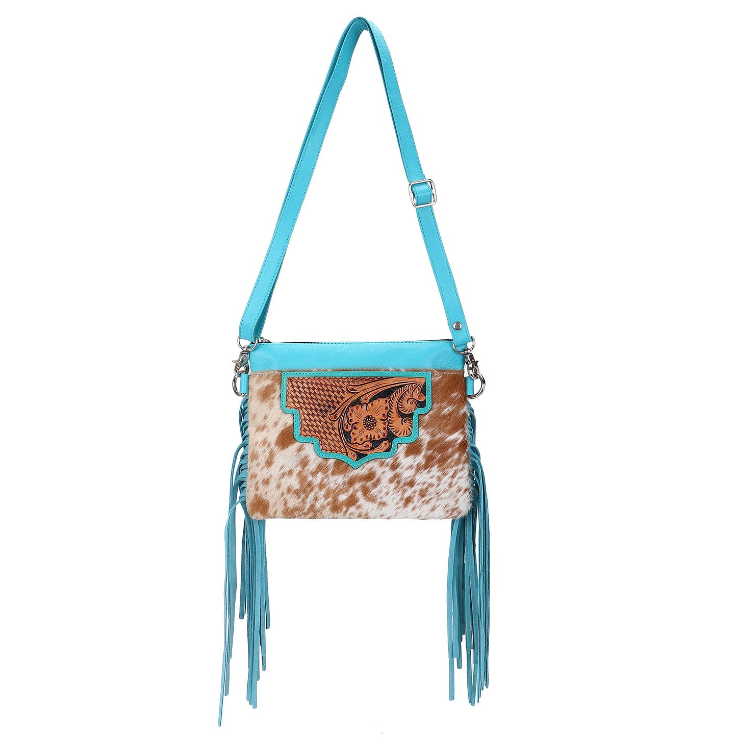 Leather Cowhide Western Hand Tooled Women's Small Crossbody - Freebird Rustic Brown with Cowhide