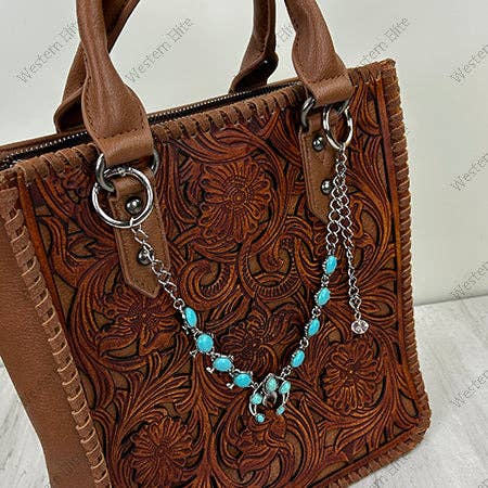 Western Elite Jewelry - PC260418-13 12'' Silver metal chain with blue turquoise stone squash blossom charms Purse chain