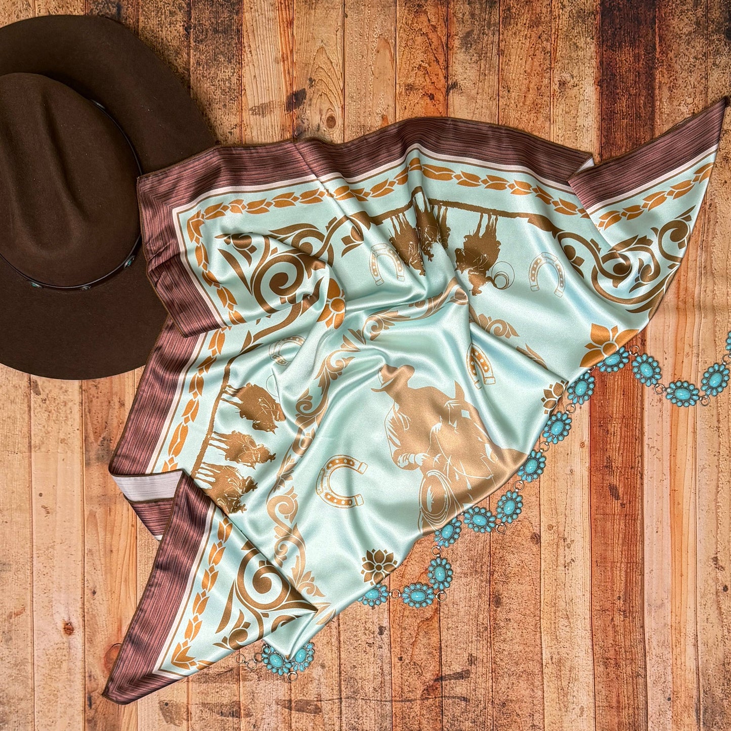 WESTERN COWBOY PRINT SILD WILD RAG 36X36 - Mint/Brown