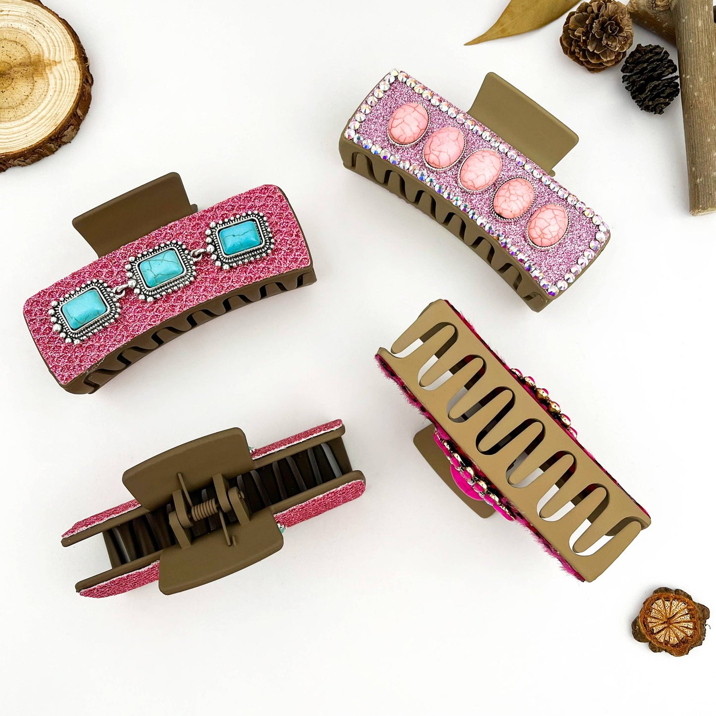 mildstyles - Boho Turquoise Pink Leather Rectangle Hair Claw Clip - D