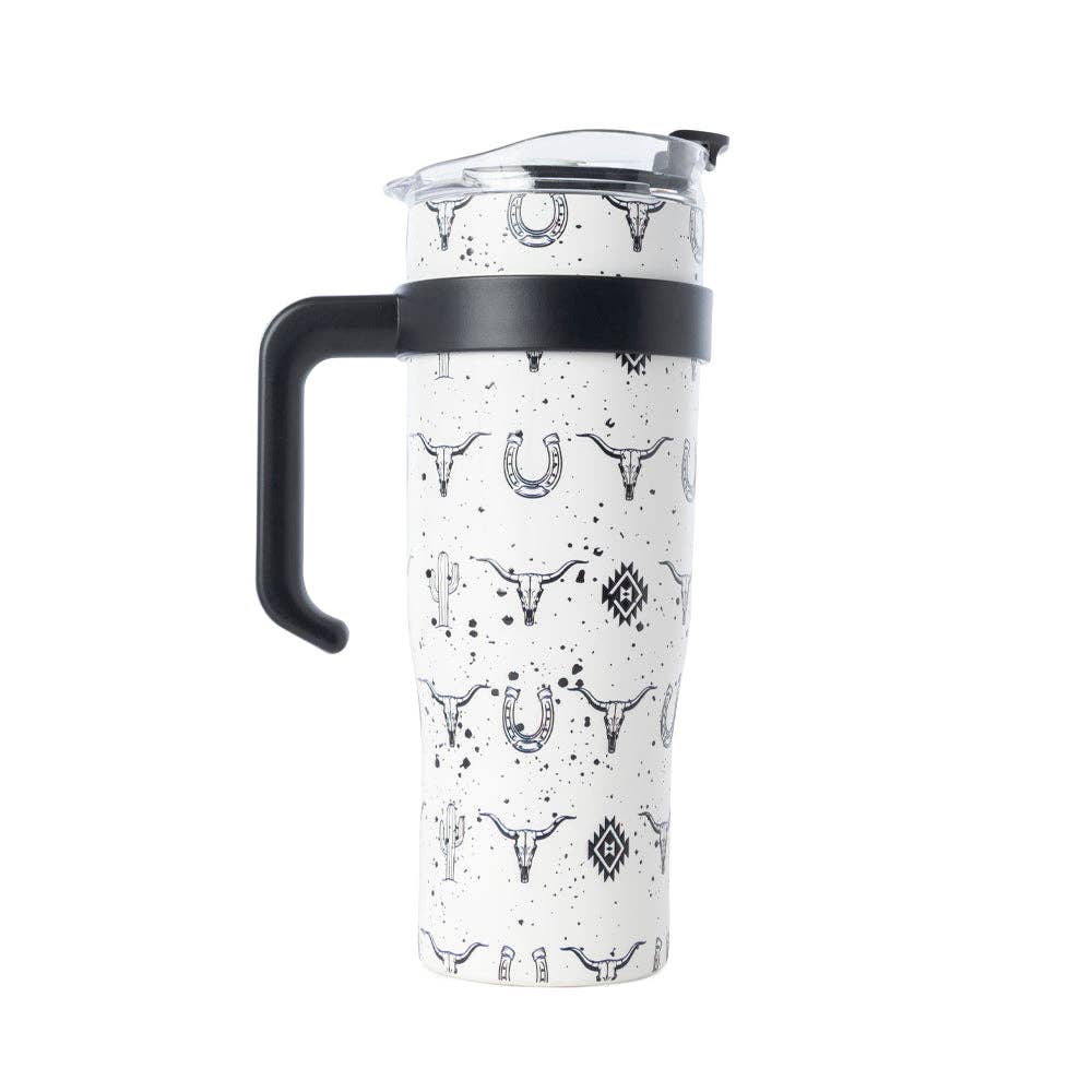 Myra Bag - Westmark Tooled Western Tumbler in White Stainless Steel with Leather Wrap and Handle for Use - WITH TOOLING