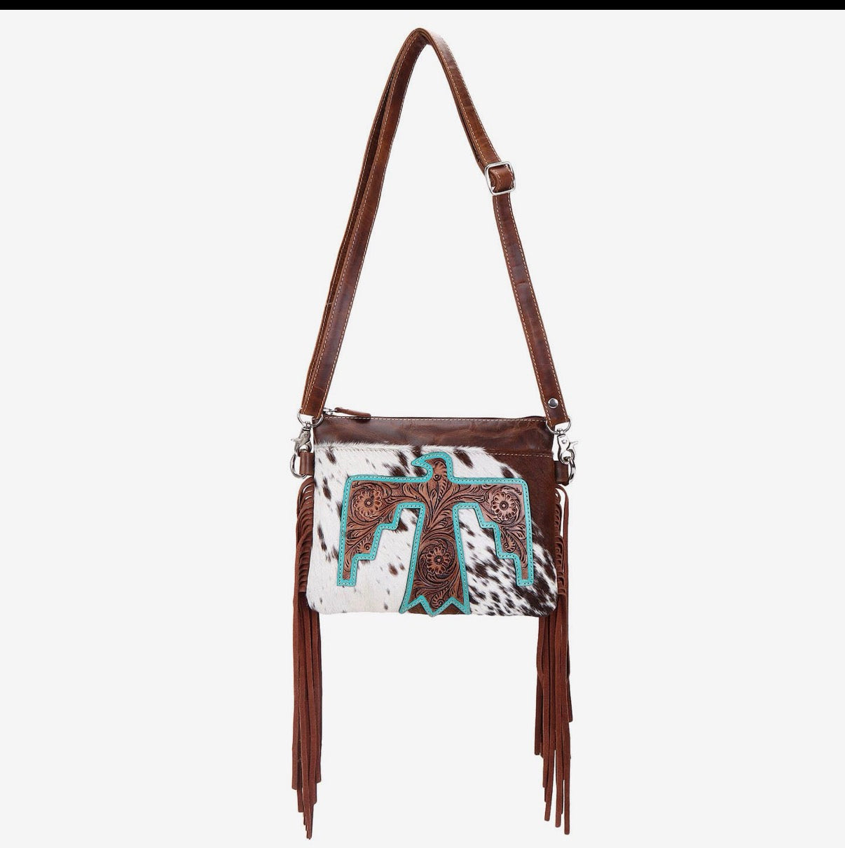 Cowhide/ tooled thunderbird fringe crossbody!