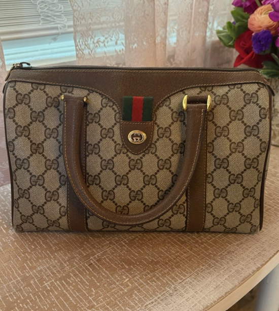 Vintage GUCCI Hand Bag Sherry Line PVC Leather Brown Boston Authentic