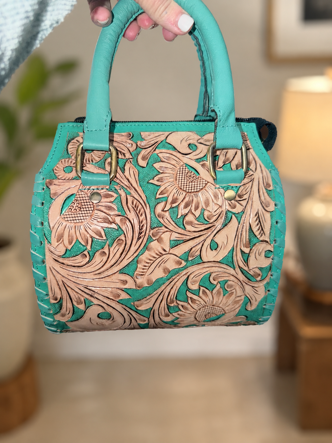 Turquoise sunflower small speedy handbag with crossbody strap!