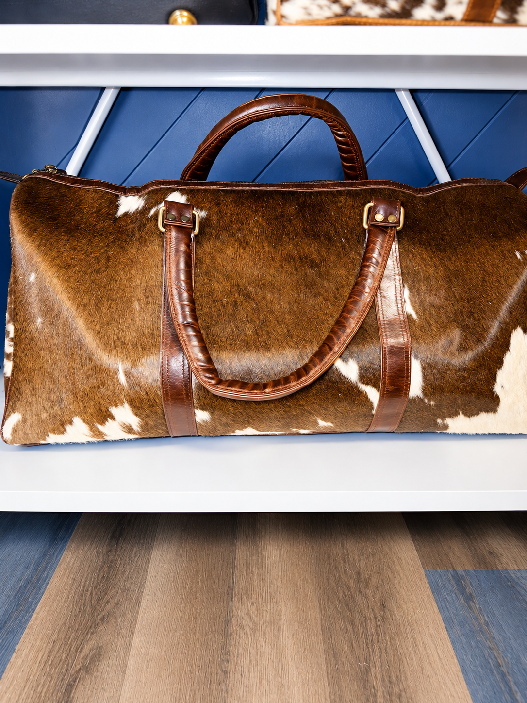 Extra Large brown cowhide and leather duffle bag with crossbody strap!