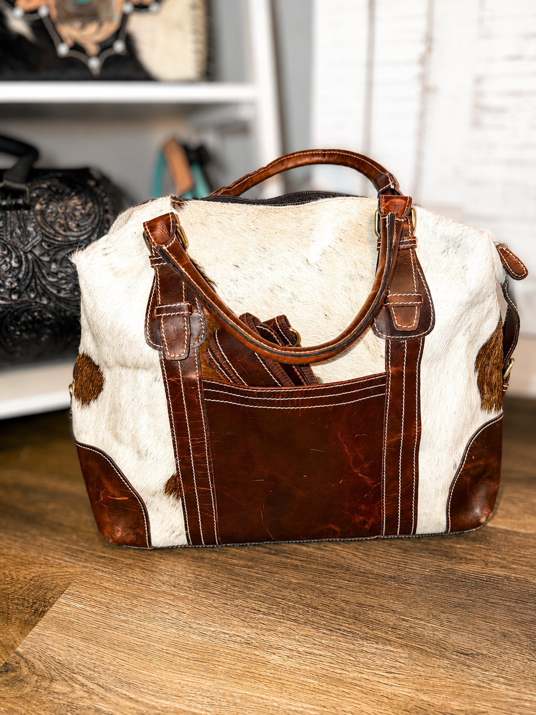 Travel duffle / laptop tote - genuine, cowhide, and leather with a Crossbody adjustable strap