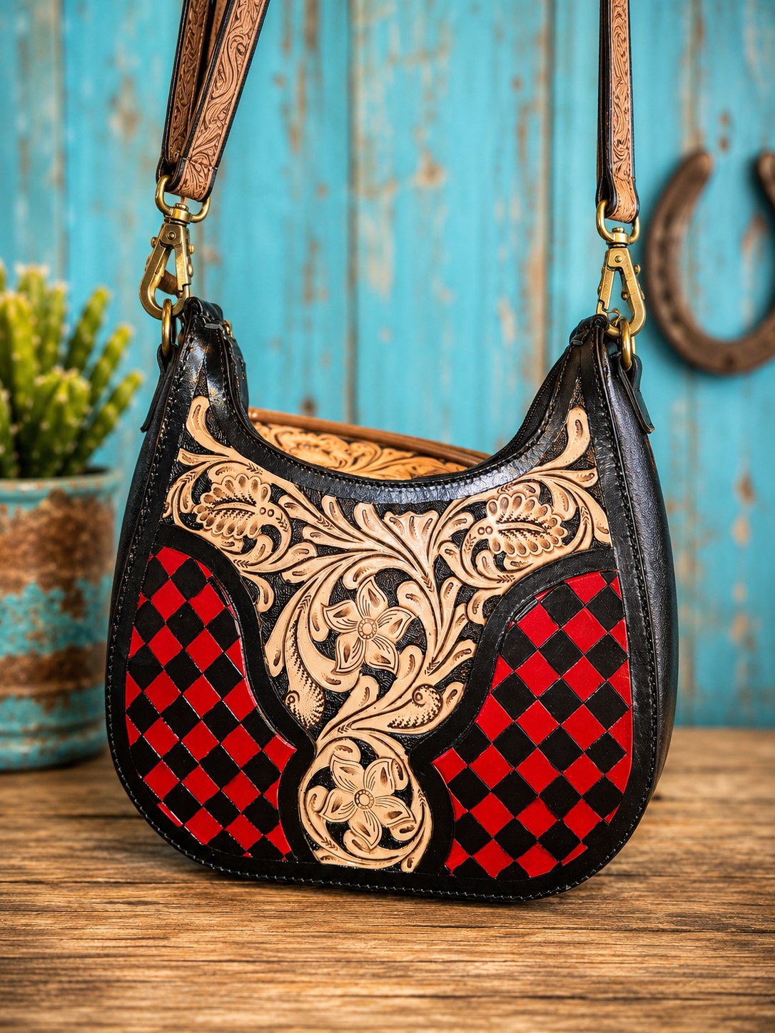 Ruby Roulette hobo Crossbody bag hand-painted with leather tooling