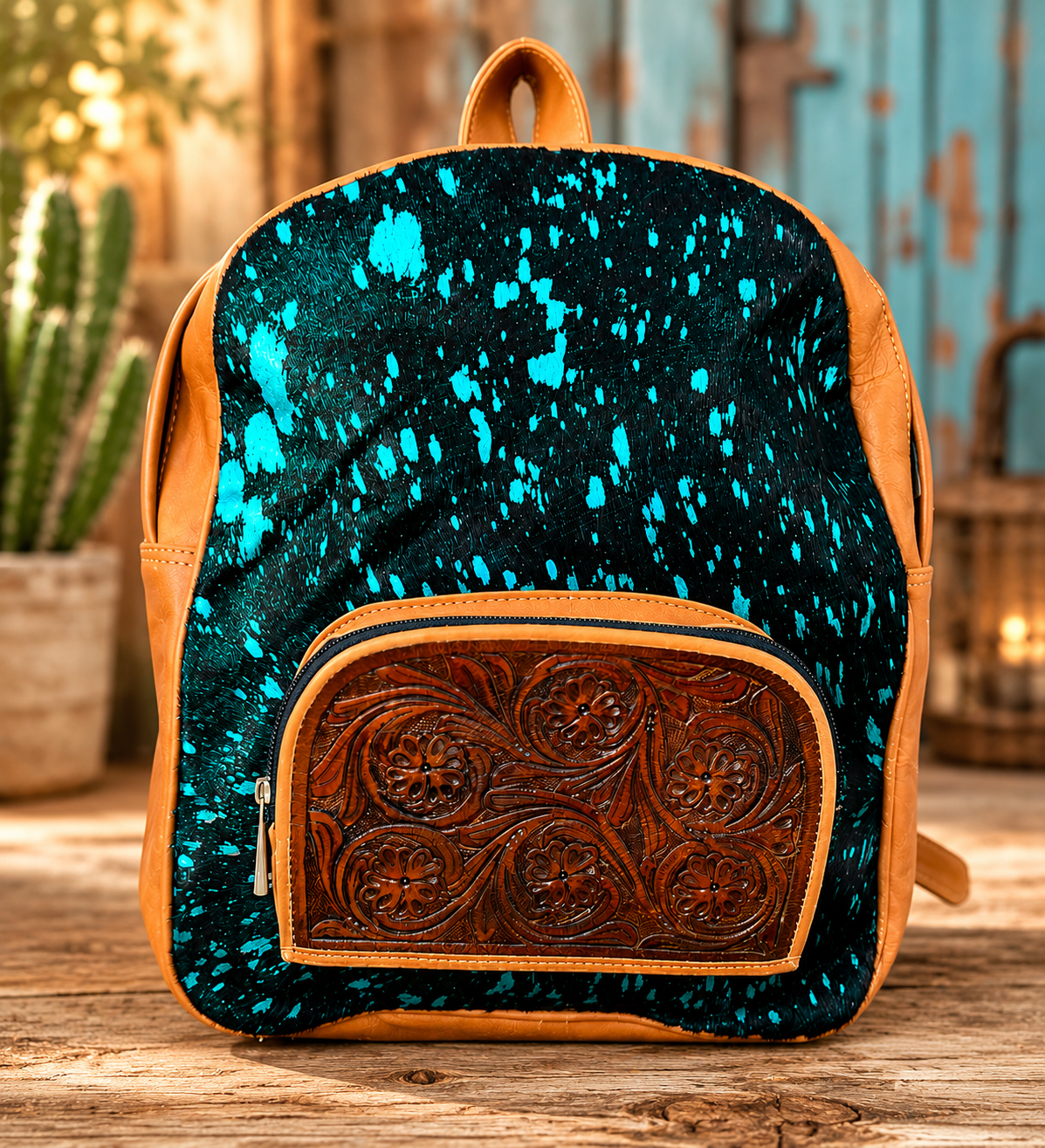 Cowgirl Confetti tooled leather and cowhide acid wash back pack!