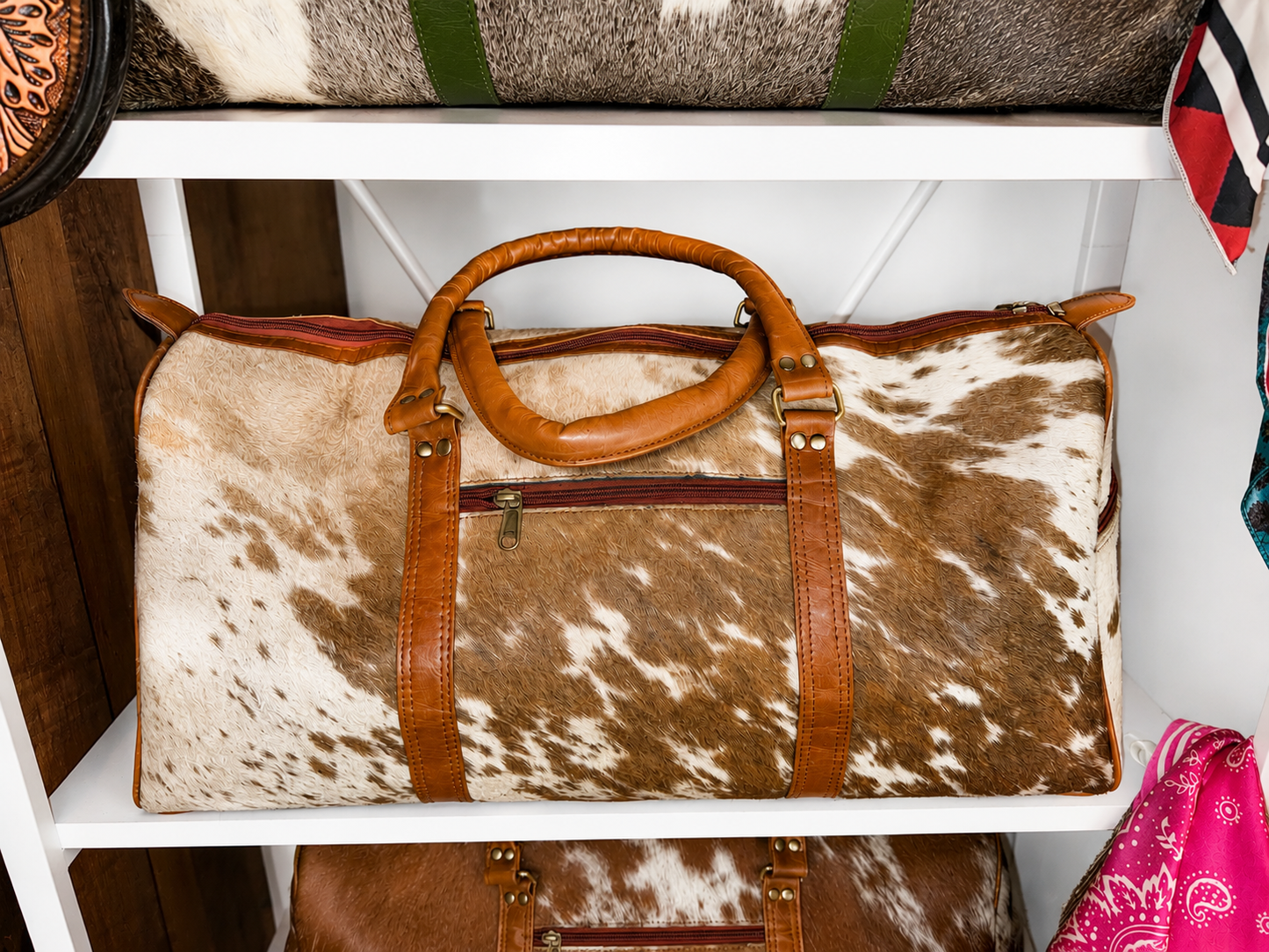 XL Cowhide duffel travel bag with crossbody strap!
