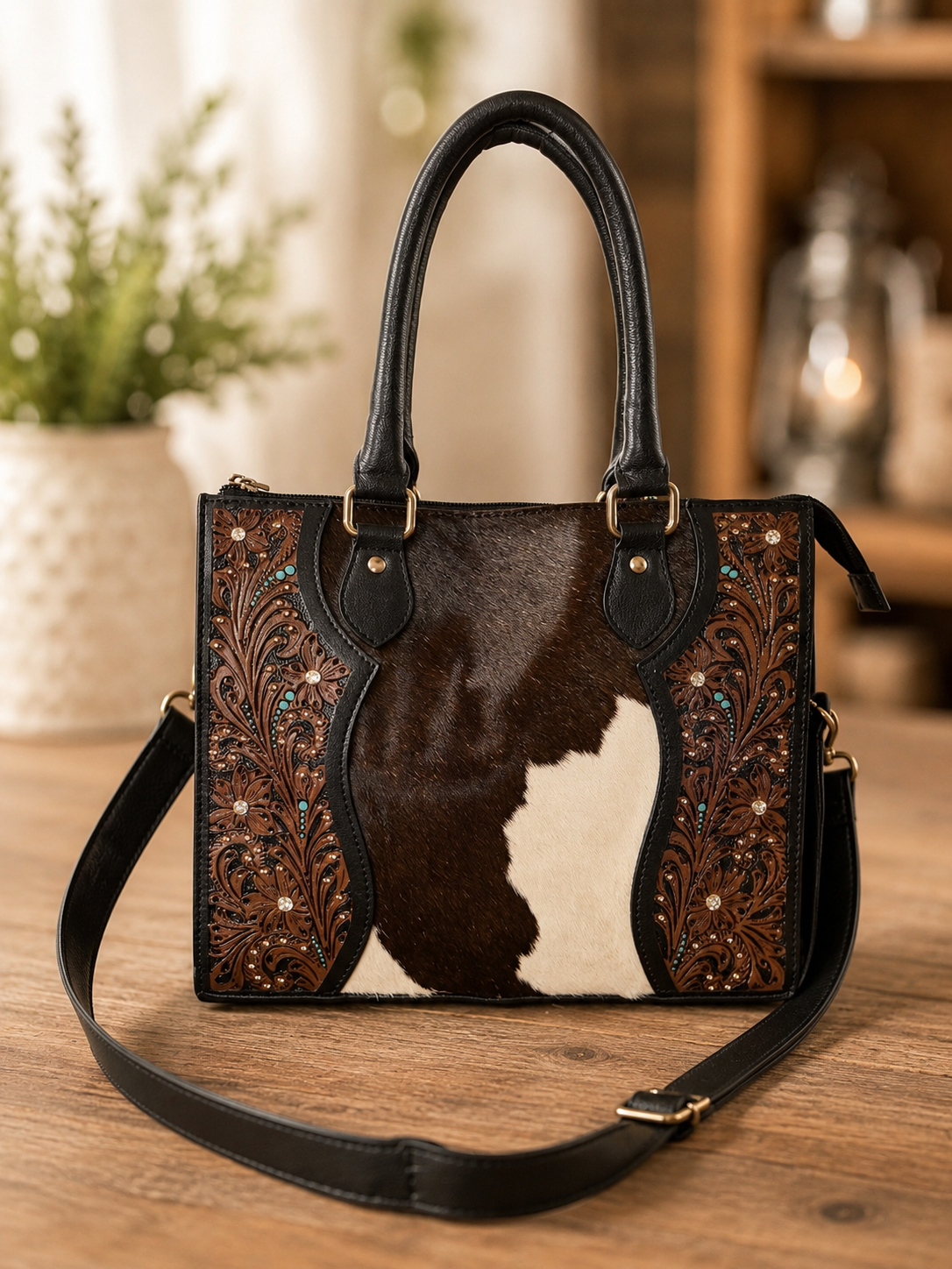 Beautiful cowhide/ tooled leather tote CC with a crossbody strap!