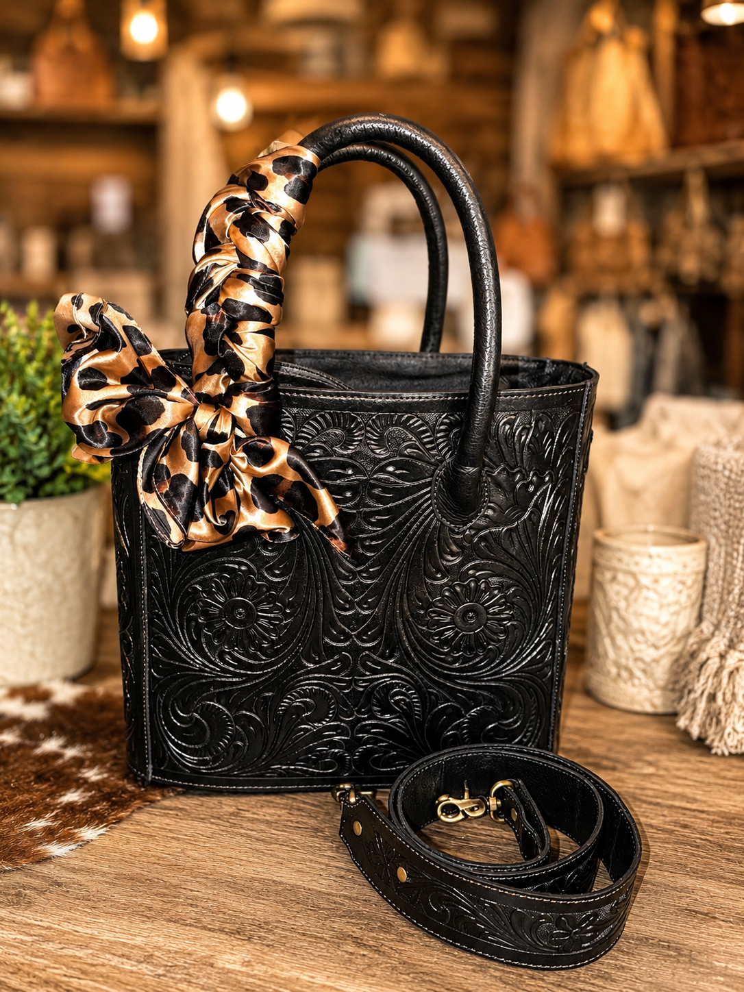 Leopard Luxe tooled leather tote CC With strap and rag included!