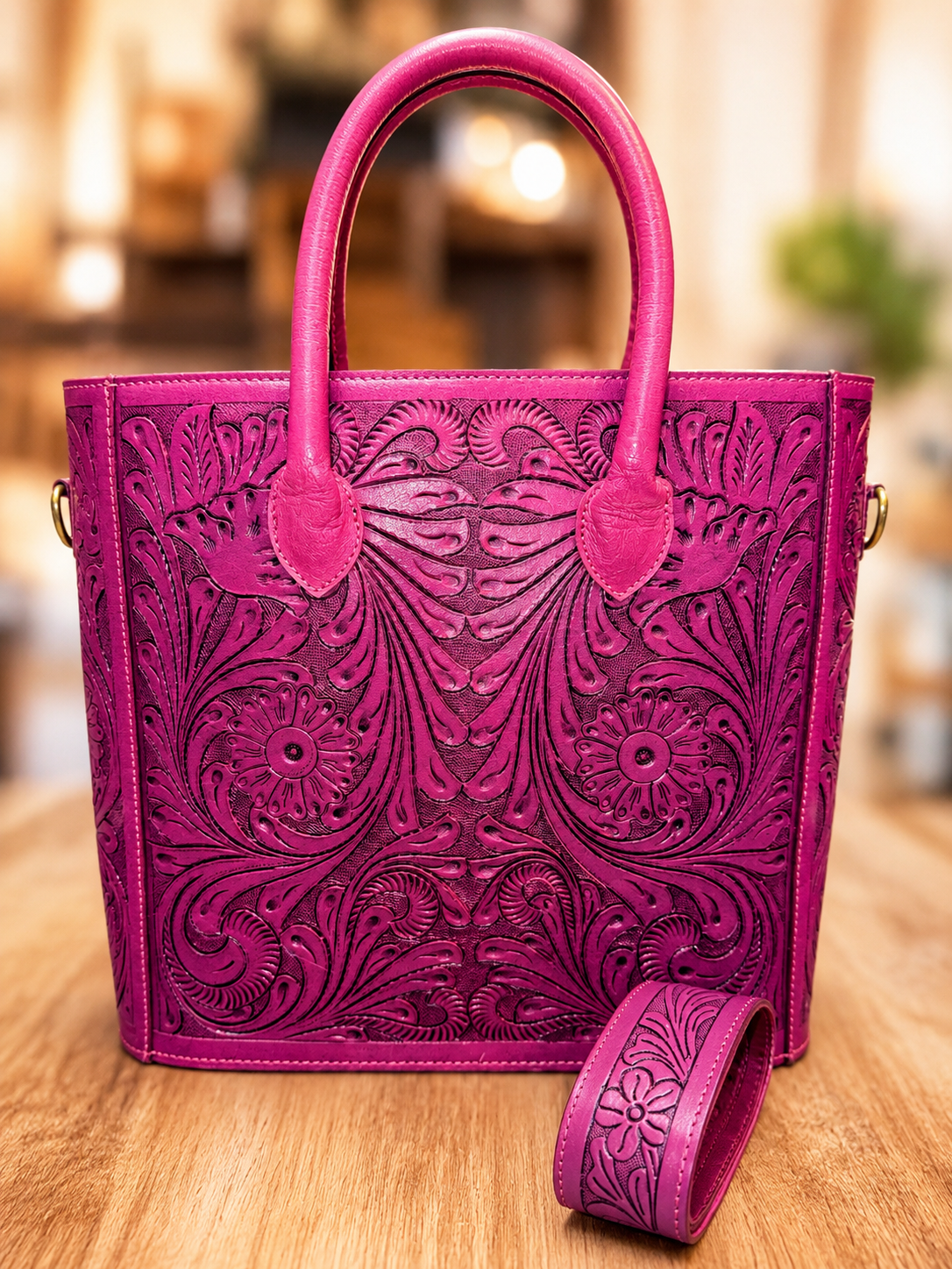 Dusty Dahlia leather tote / CC with tooled strap!
