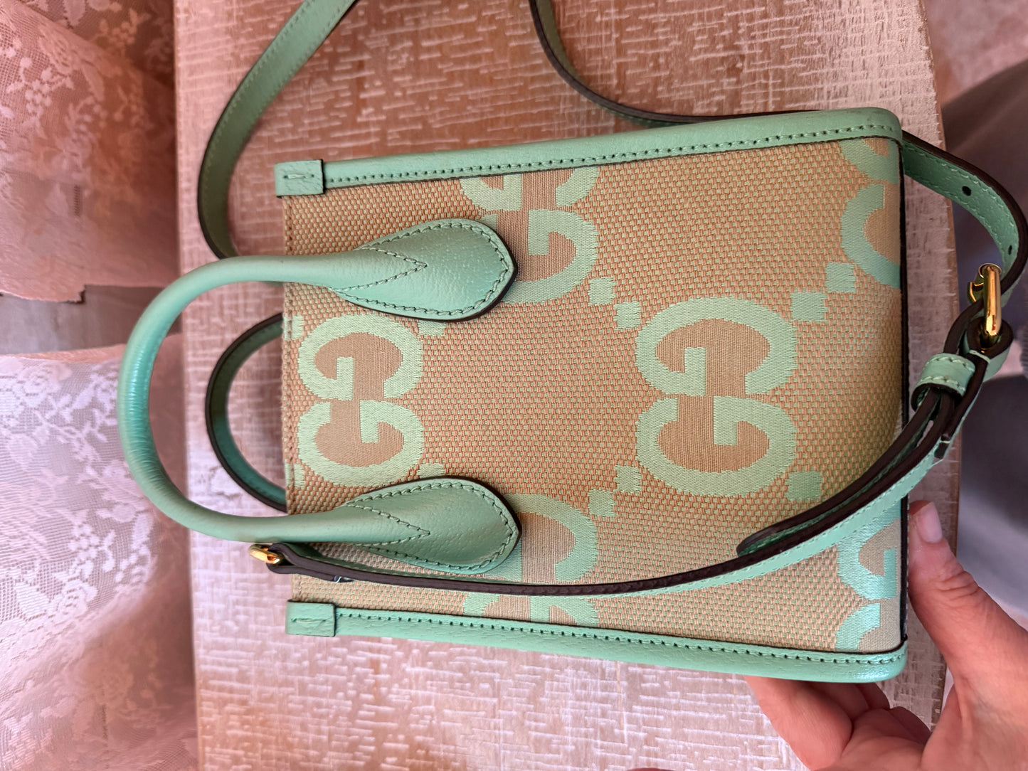 Gucci Womens Jumbo GG Canvas/Leather Mini Shoulder Tote Bag Green- New Without Tags