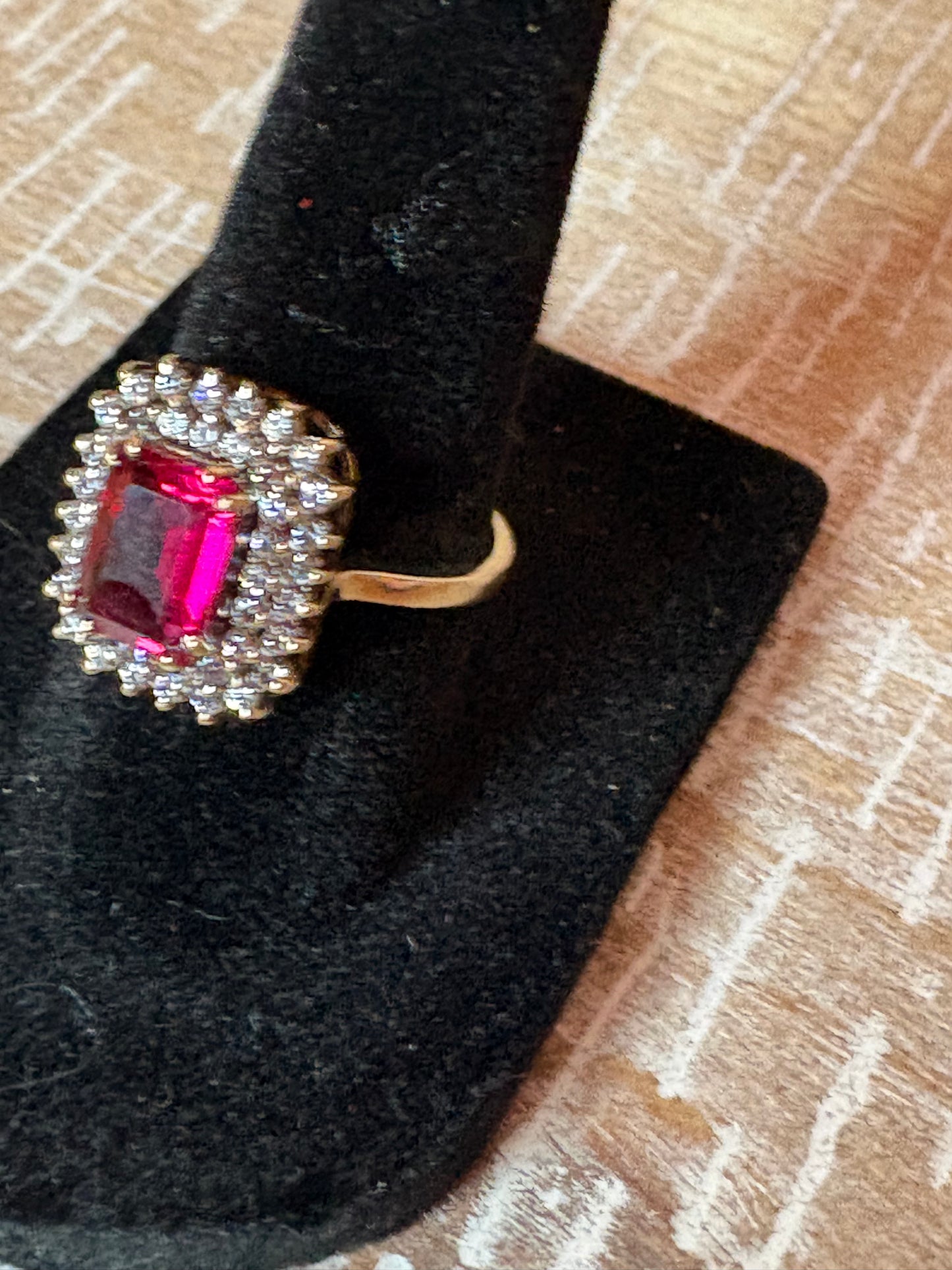 10K Yellow Gold Ruby-Colored Emerald Cut Halo Ring with Diamond Accents