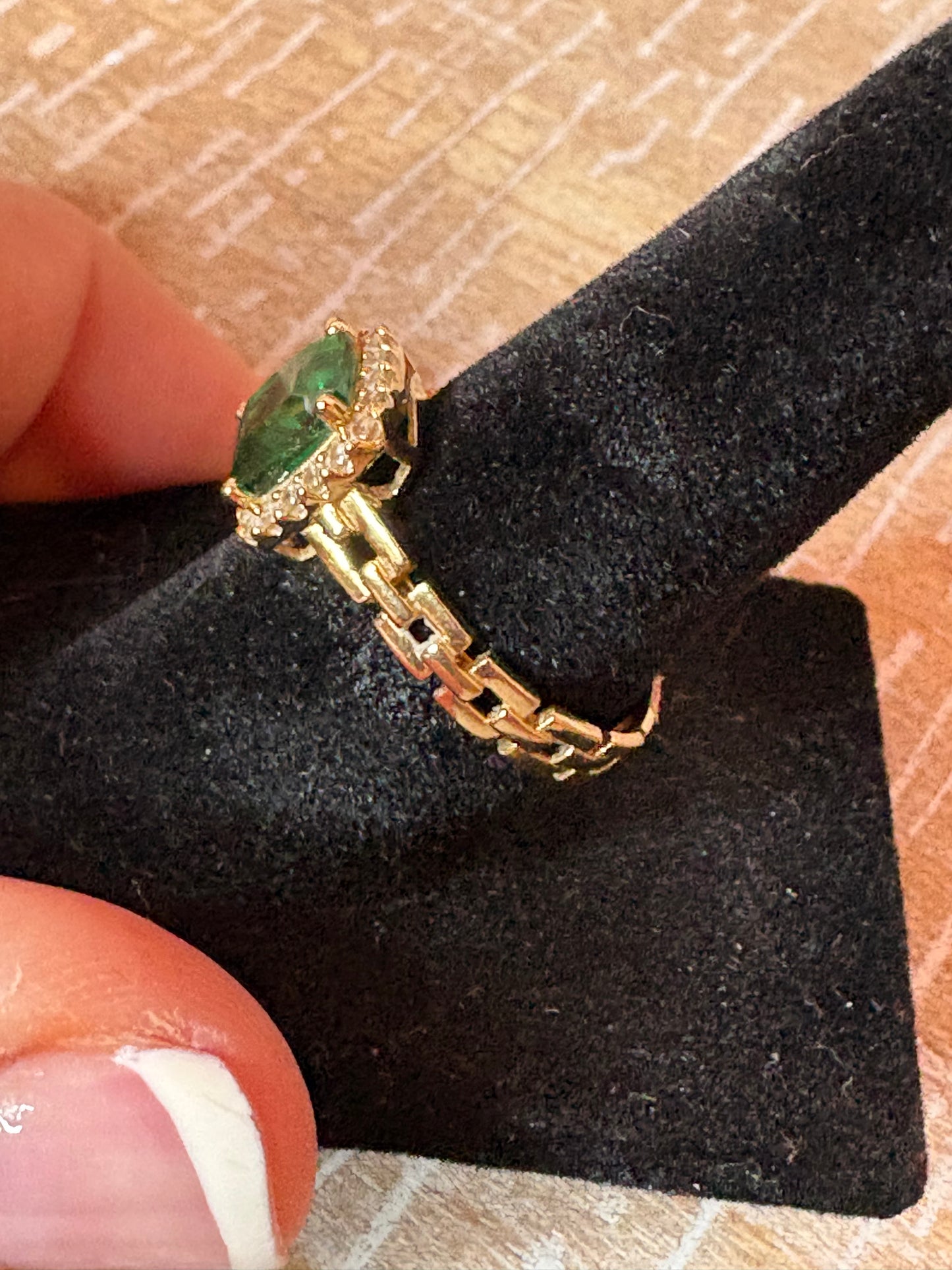 Estate-Style 10K Yellow Gold Emerald-Colored Cushion Cut Halo Ring with Diamond Accents