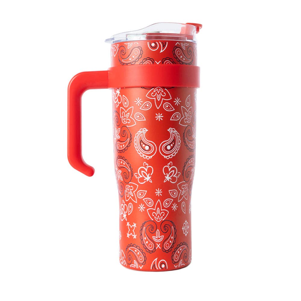 Myra Bag - Bandana Tooled Western Tumbler in Red Stainless Steel with Handtooled Leather and Handle for Use - WITH TOOLING