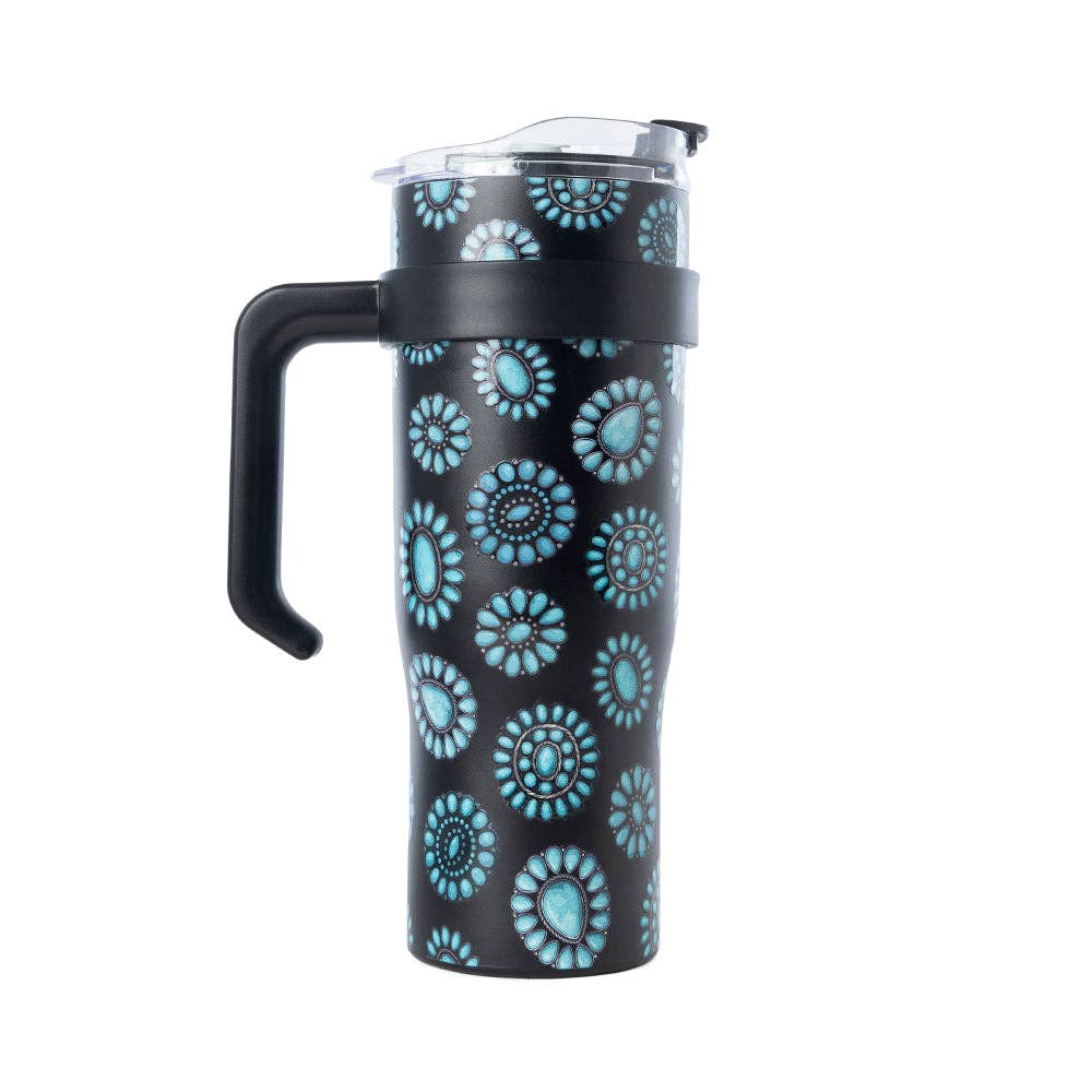 Myra Bag - Concho Crest Western Tooled Tumbler in Black Stainless Steel with Leather Wrap and Handle - WITH TOOLING