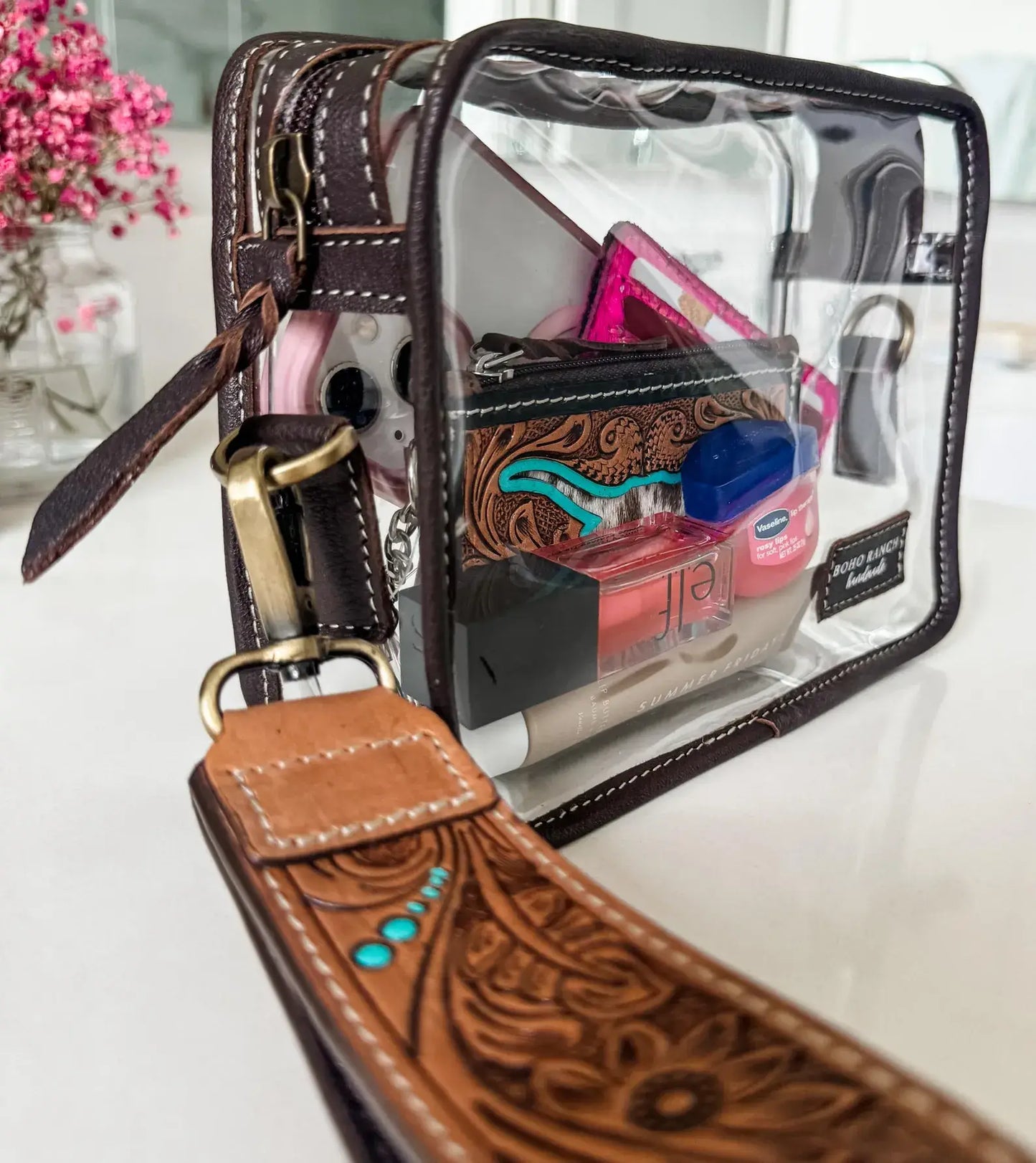 Boho Ranch Shop - DARLA CLEAR WRISTLET | transparent western purse - game day - BROWN