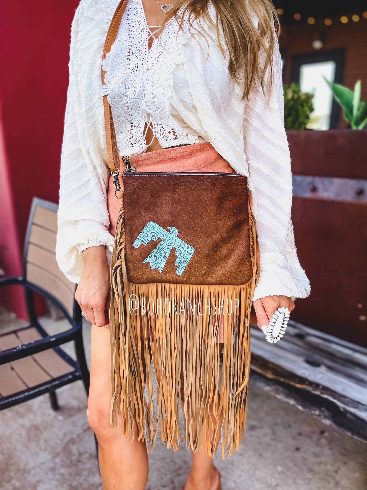 Boho Ranch Shop - THUNDERBIRD COWHIDE CROSSBODY tooled Leather Cowhide Clutch - TAN COWHIDE