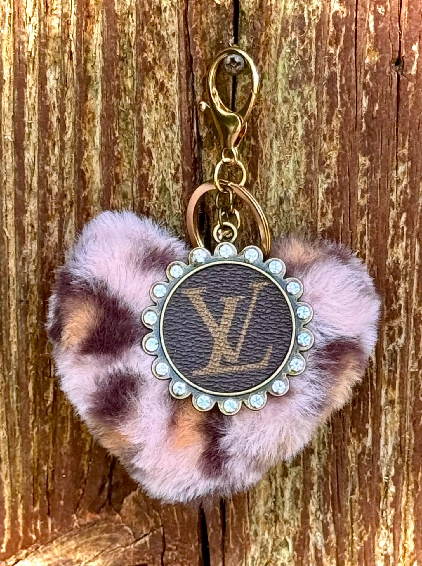 Southern Junkie Gypsy Boutique - Upcycled LV Fuzzy Leopard Print Heart Keychain Bag Charm