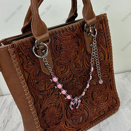 Western Elite Jewelry - PC260418-16 12'' Silver metal chain with light pink turquoise stone squash blossom charms Purse chain