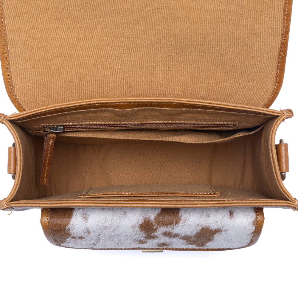 Myra Bag - Cedar Range Handtooled Hairon Buckle Leather Bag in Chestnut Ivory - Chestnut Ivory