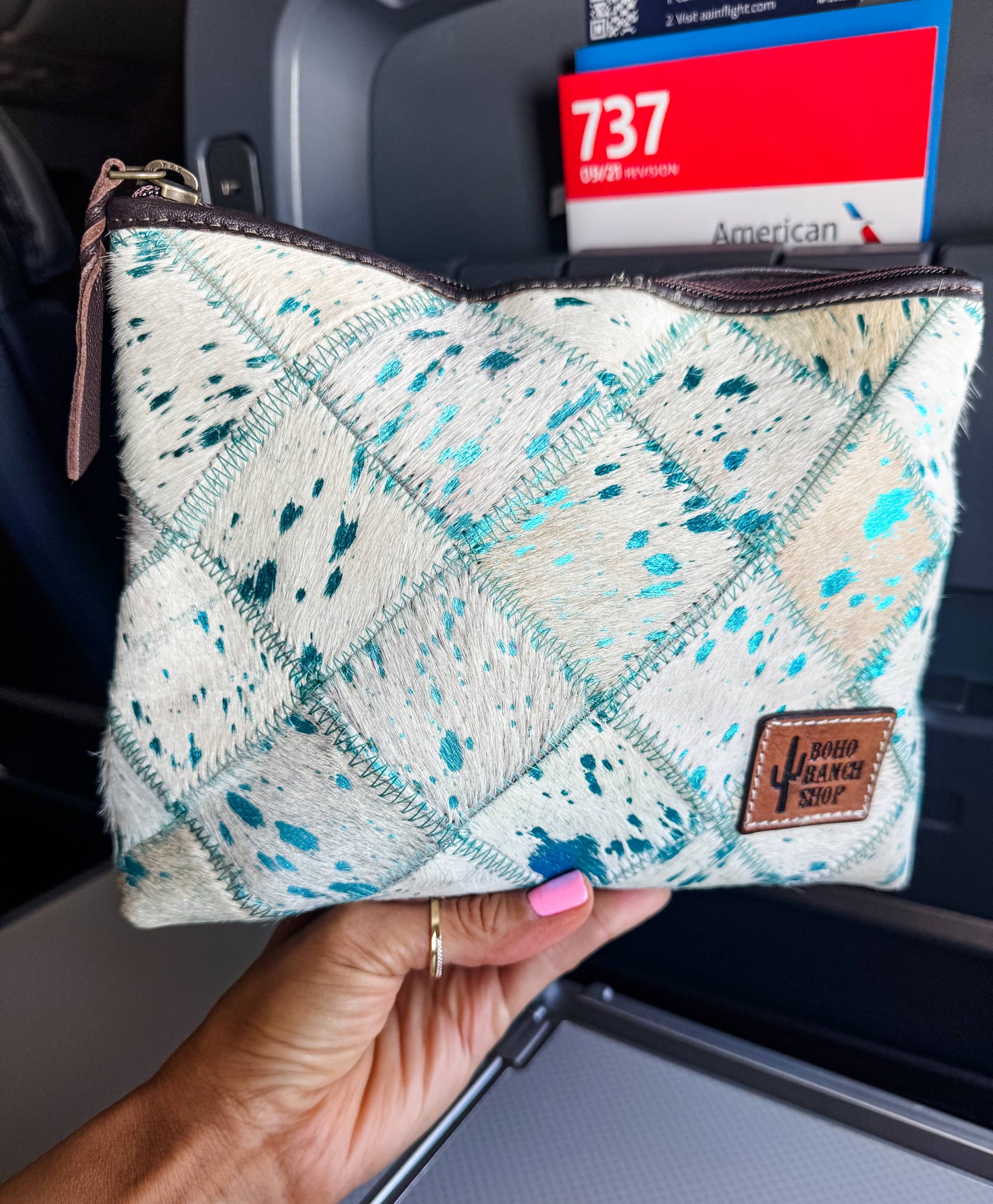 Boho Ranch Shop - Checkered Western Cowhide Makeup Bag Travel - LEOPARD + RAINBOW