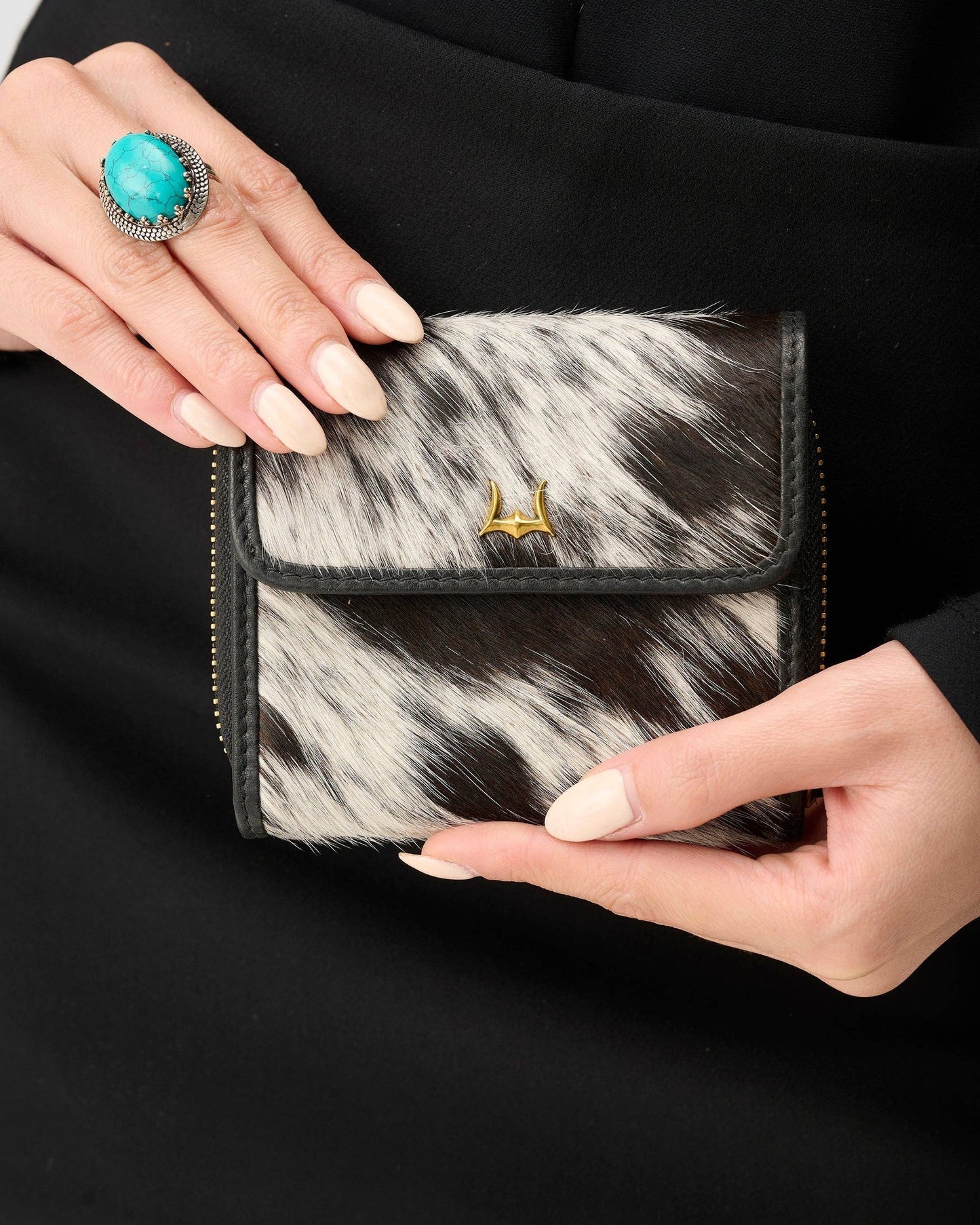 Loyal West - Sophia Card Holder In Black & White Cowhide