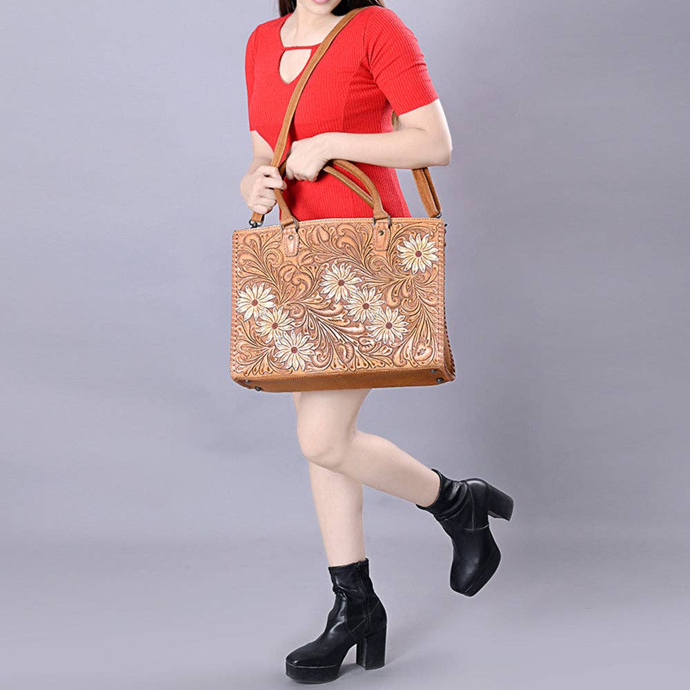 ADBG235 American Darling Western Leather Tote Bag - Hand Tooled Floral Carved Braided Purse - ADBG235J