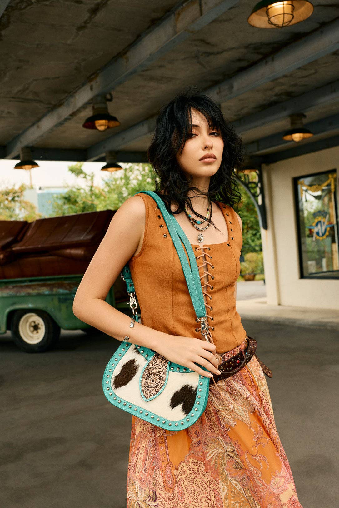 Myra Bag - Santa Fe Handtooled Bag for Women in Turquoise with hairon and studded detail - Turquoise