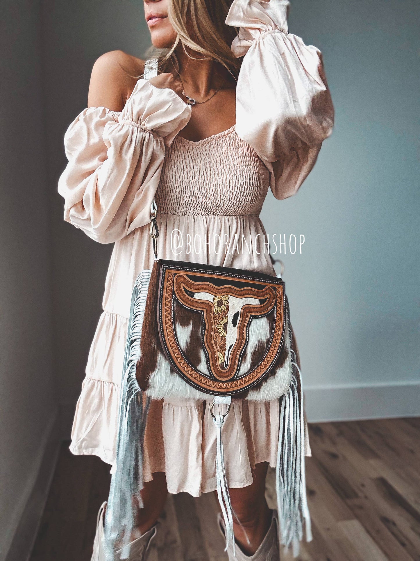 Boho Ranch Shop - THE CAROLINE CROSSBODY steer longhorn - cowhide purse bag - YELLOW FLOWER