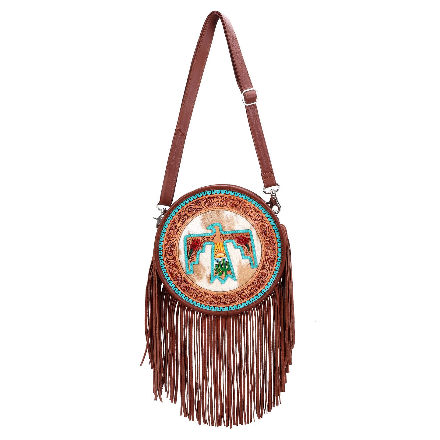 Leather Cowhide Western Hand Tooled Women's Round Crossbody - Free Bird Hand Tooled with Tan White Cowhide Inlay.