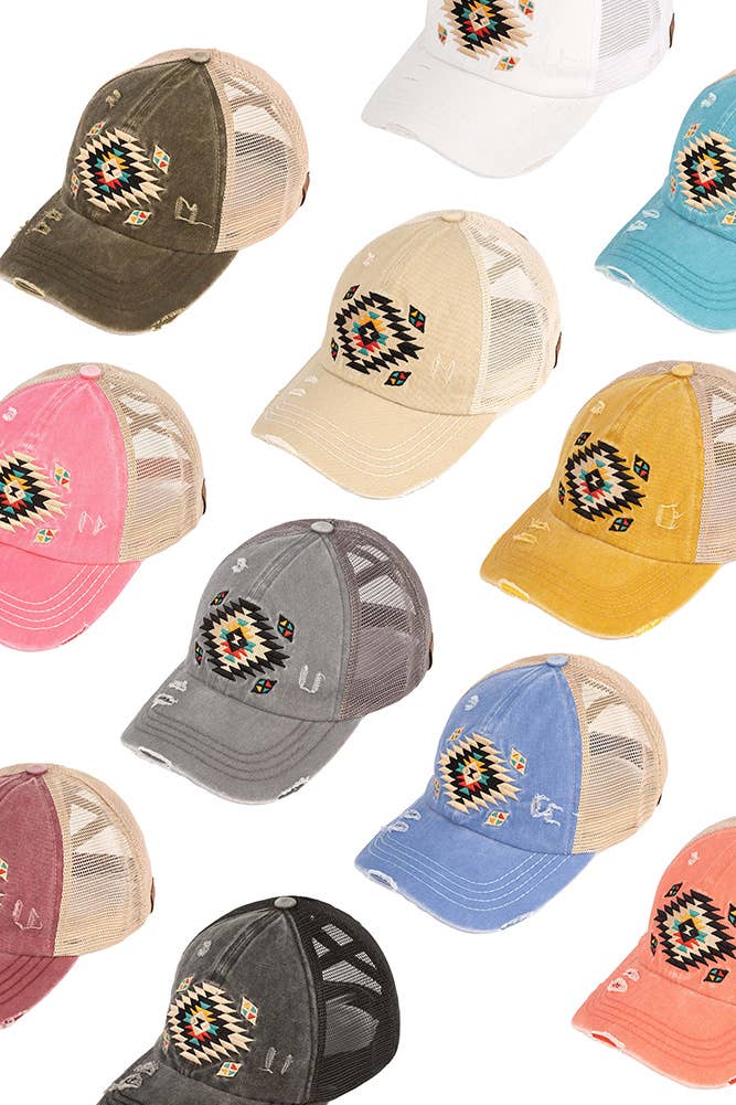 Hana - C.C Aztec Patch Distressed Criss-Cross Pony Cap - Black