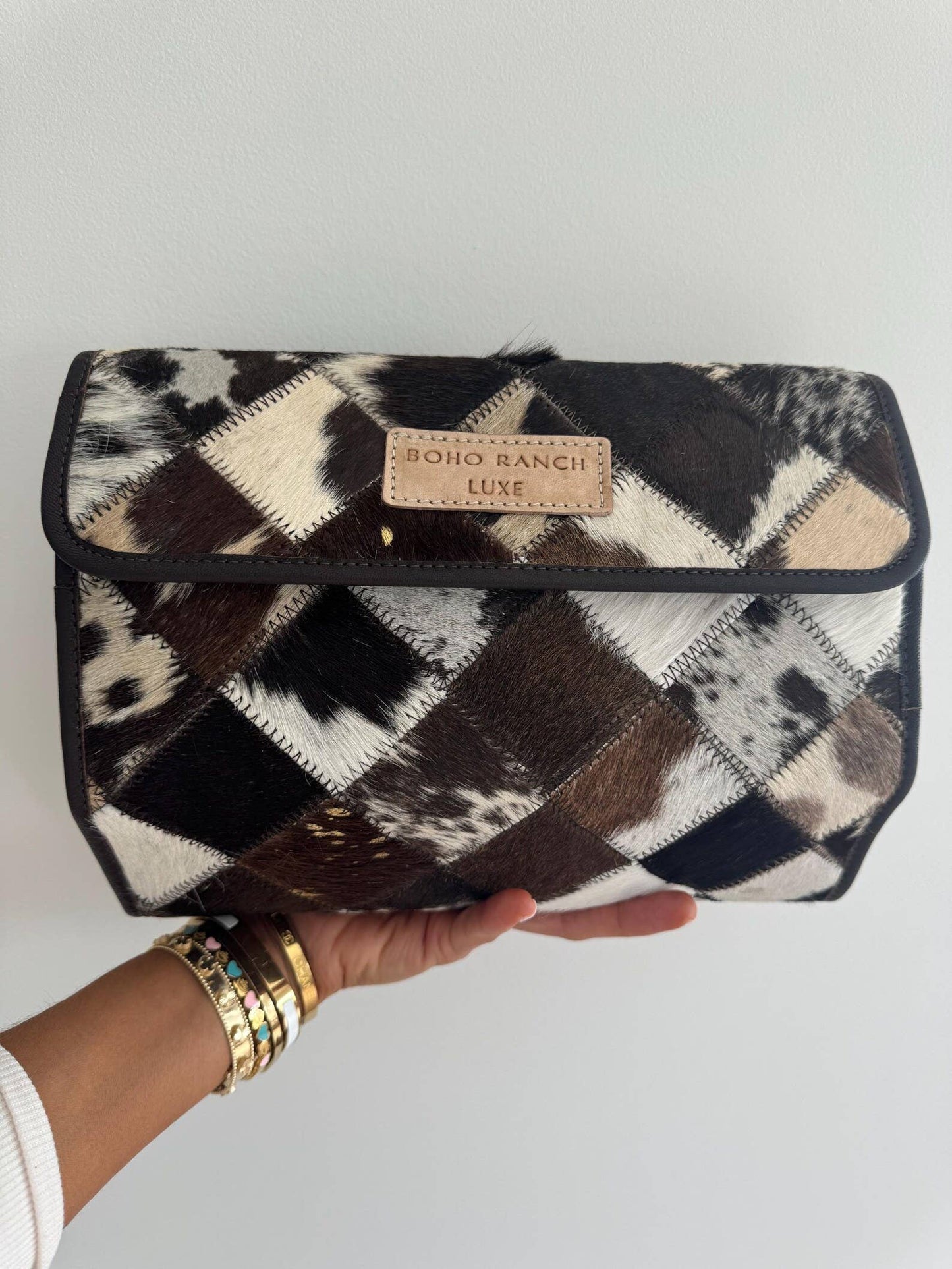 Boho Ranch Shop - BOHO LUXE FOLDABLE travel makeup jewelry bag Genuine Cowhide - BROWN + WHITE